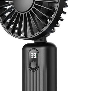 Ventilateur portable noir avec écran LED affichant le niveau de batterie