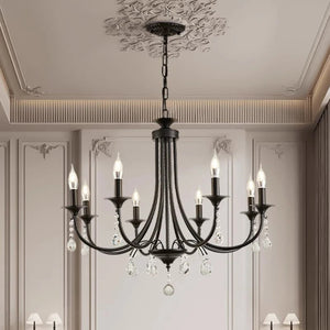 Lustre 8 bras cristaux transparents allumé