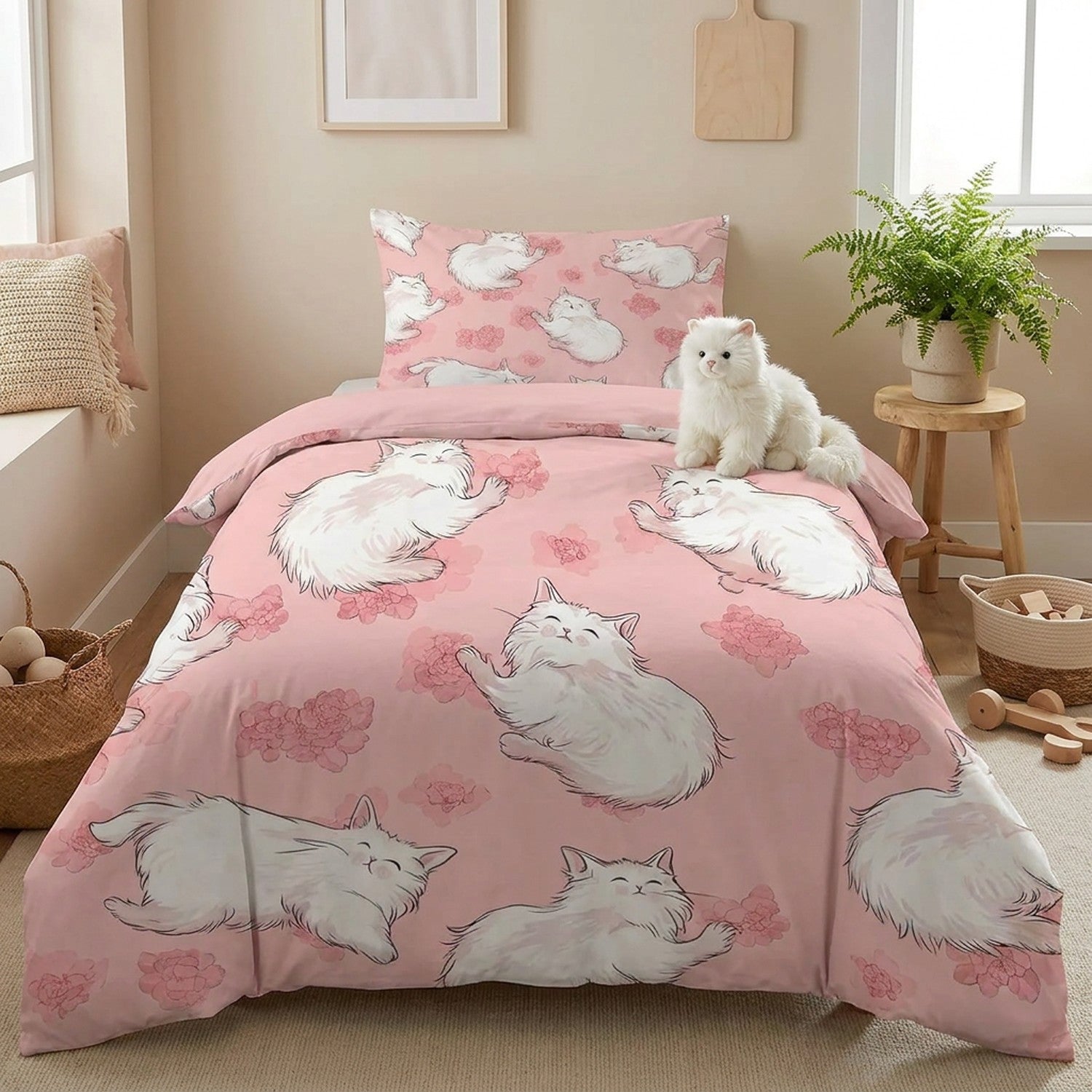 Parure de lit chats blancs duveteux sur fond rose sur un lit cosy