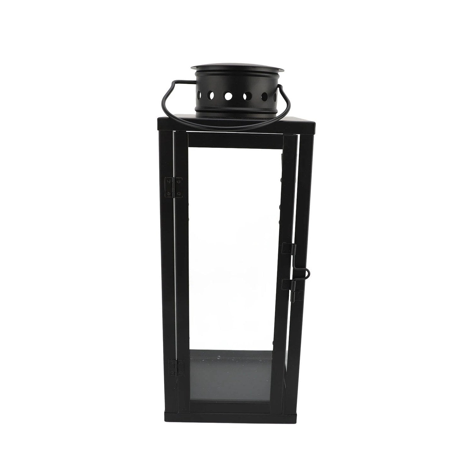 Lanterne à bougie en métal noir vue de face avec porte vitrée