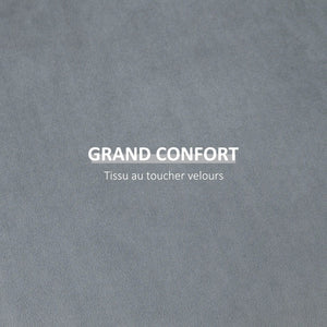 Gros plan sur le tissu velours gris du pouf coffre de rangement