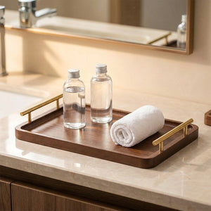 Plateau en bois à poignées dorées sur un meuble de salle de bain avec deux flacons et une serviette roulée