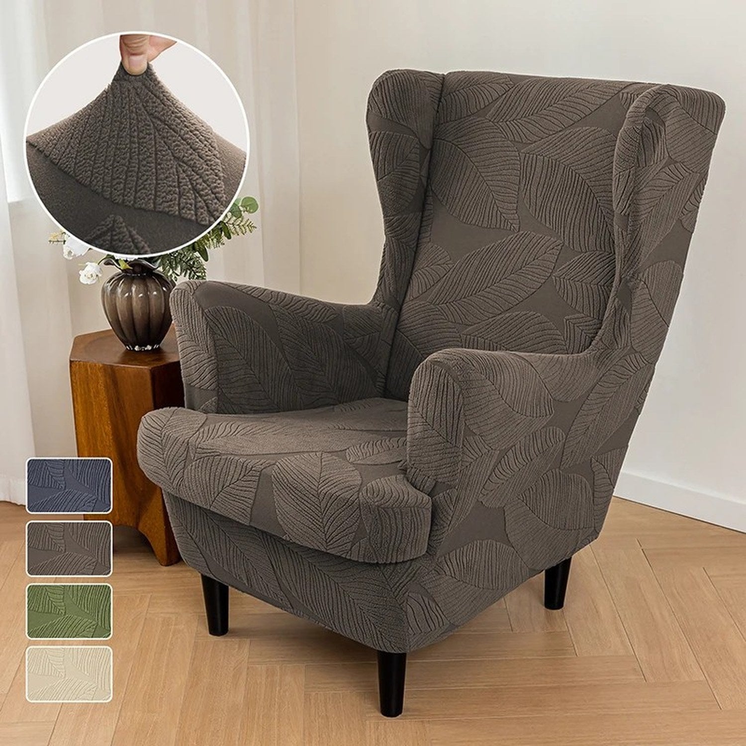 Fauteuil bergère gris foncé à motif feuilles jacquard avec les quatre coloris disponibles