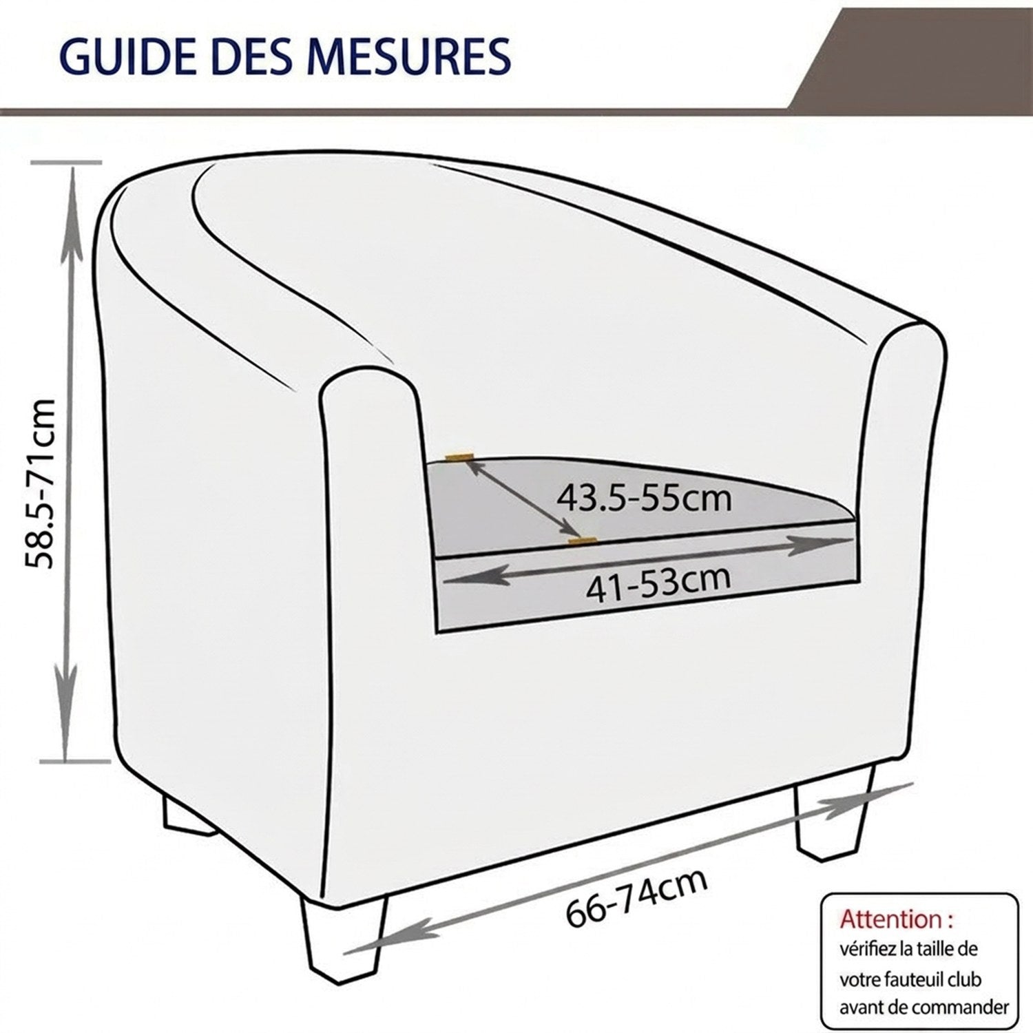 Guide des mesures de la housse fauteuil club avec les dimensions en cm