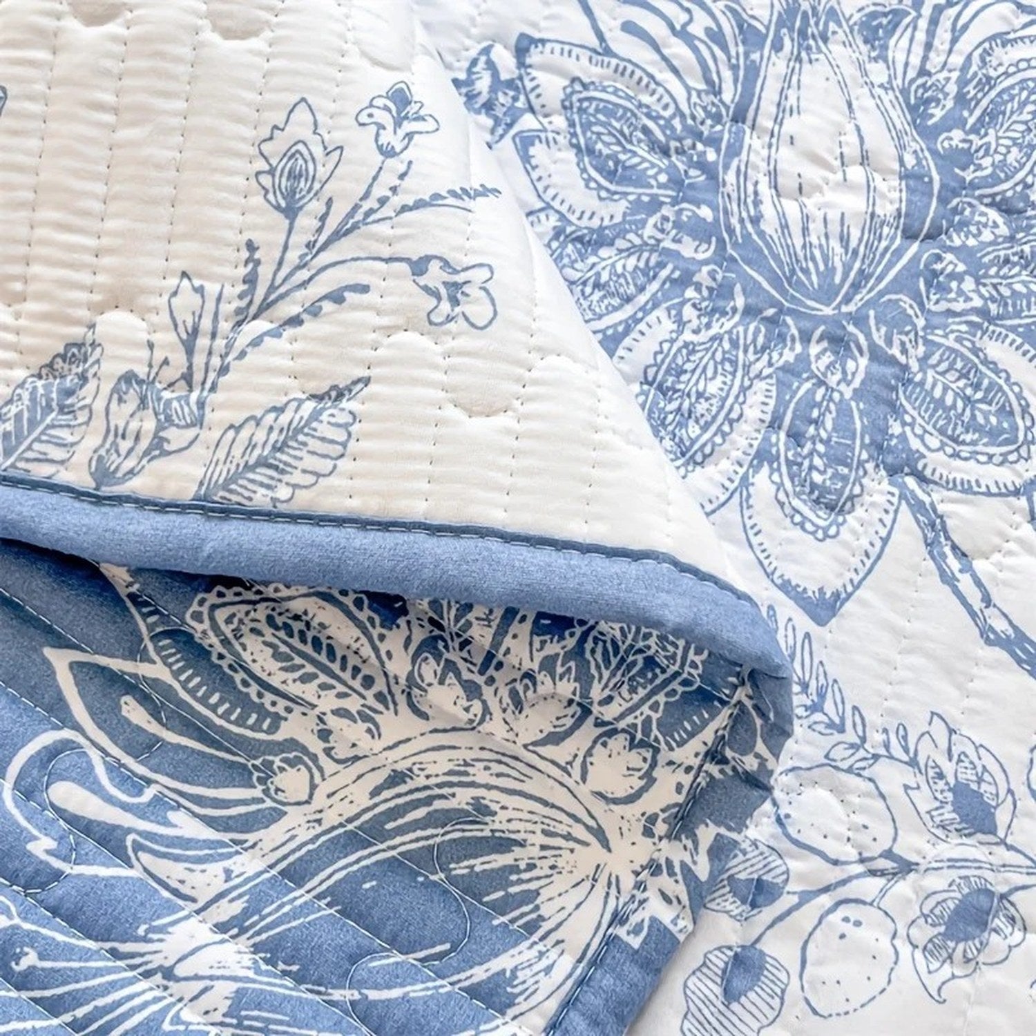 Gros plan sur le pli du couvre-lit fleuri et sa bordure bleue