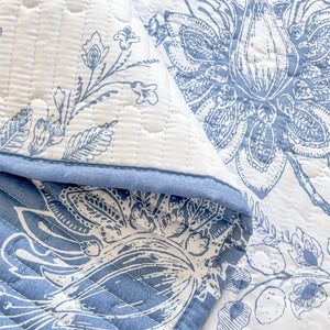 Gros plan sur le pli du couvre-lit fleuri et sa bordure bleue