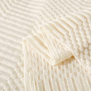 Gros plan sur la maille texturée et les reliefs du plaid tricoté