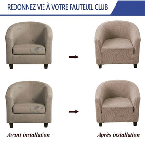 Fauteuil club avant et après installation de la housse jacquard taupe