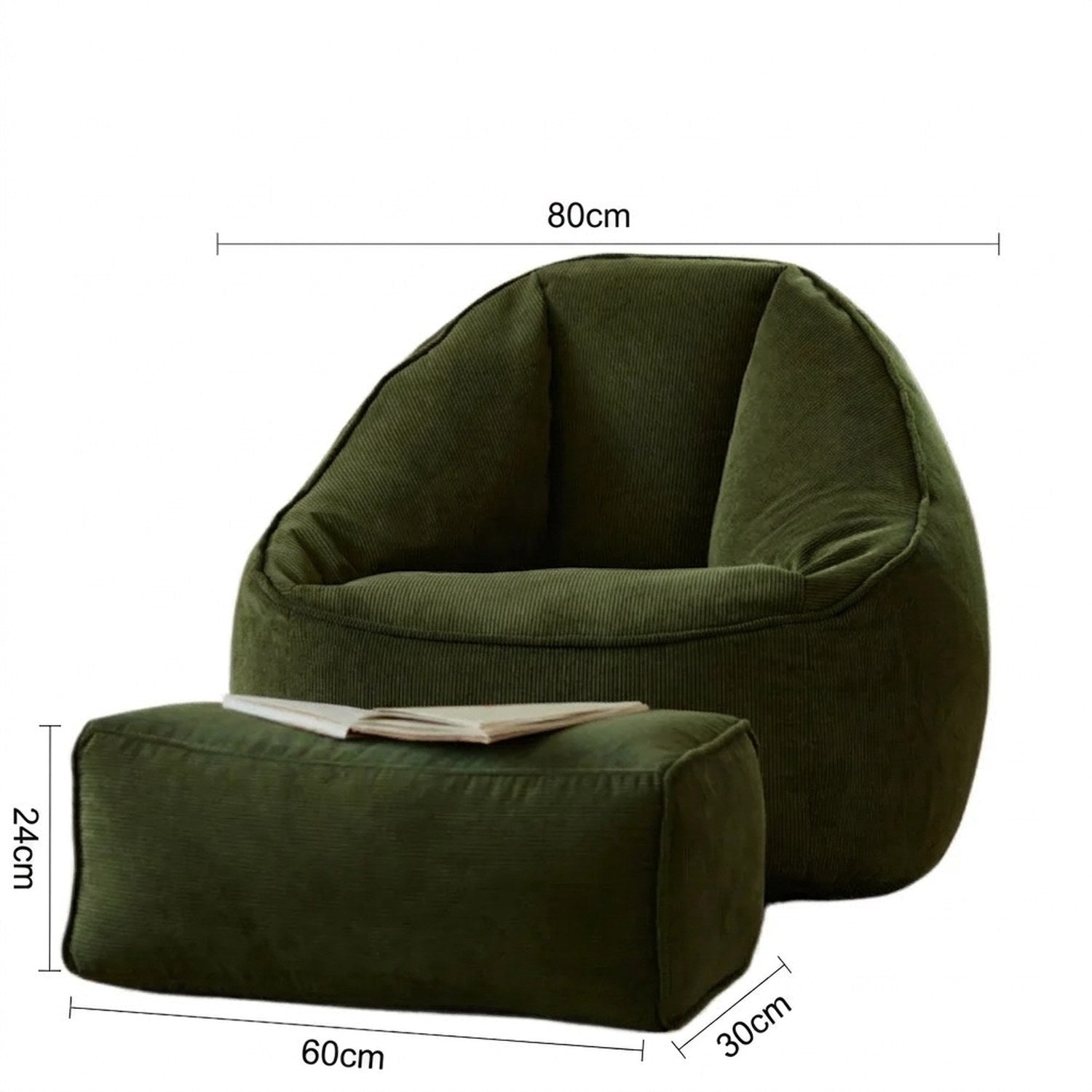 Dimensions du fauteuil pouf 80 cm et du repose-pieds 60x30x24 cm