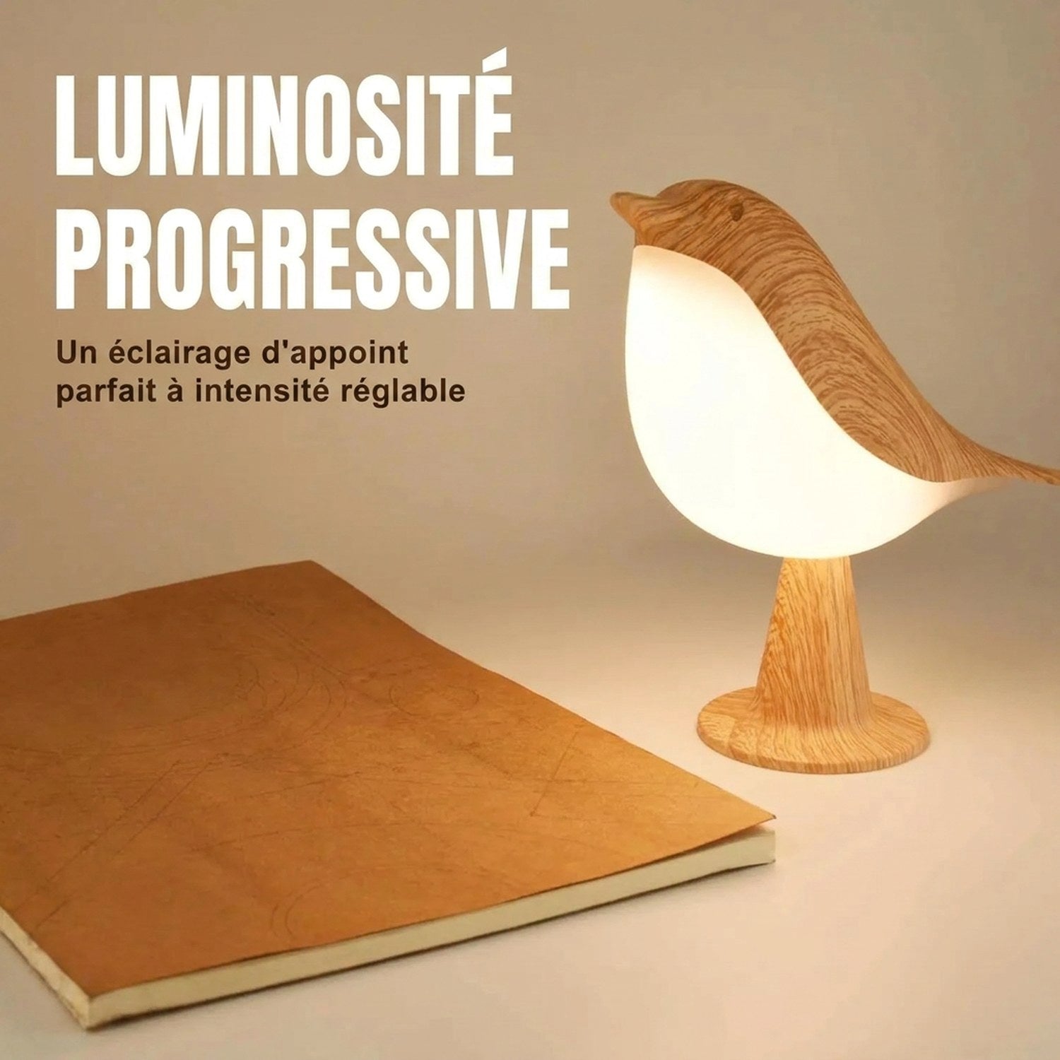 Lampe oiseau allumée avec texte luminosité progressive et carnet