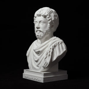 Sculpture buste de Marc Aurèle angle latéral détail de la toge et du visage