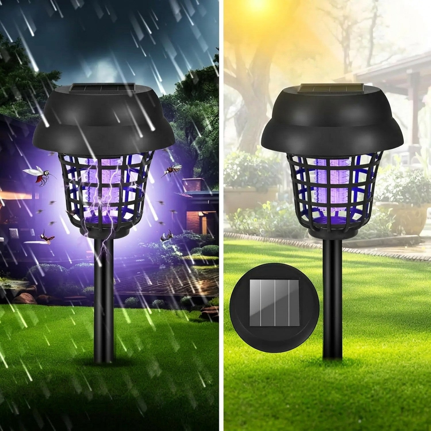 Lampe solaire anti-moustiques en situation de pluie et de soleil en comparaison