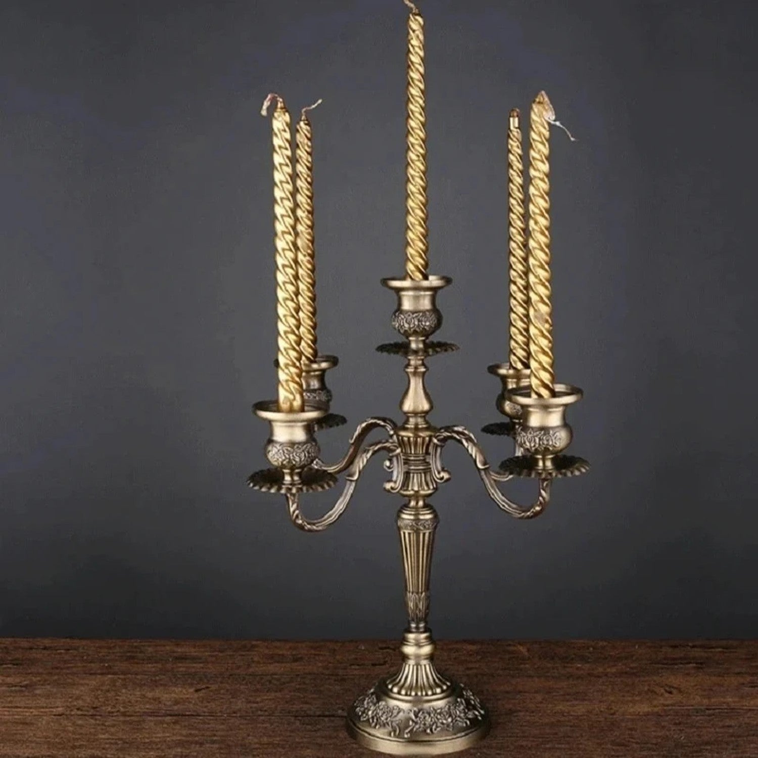 Chandelier bronze 3 bras baroque vintage avec bougies torsadées dorées
