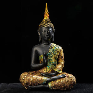 Statue bouddha thaï noire vue de profil, sculpture artisanale en résine avec couronne dorée