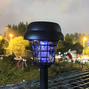 Lampe solaire anti-moustiques allumée la nuit avec lueur bleue UV et moustiques