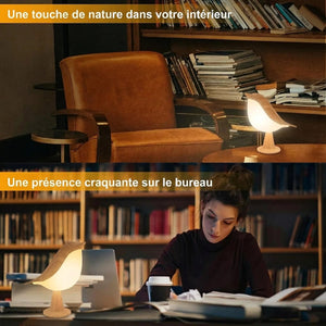 Lampe oiseau sur un fauteuil en cuir et sur un bureau de travail