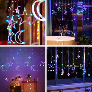 Montage de 4 scènes de guirlande lumineuse rideau multicolore étoile et lune