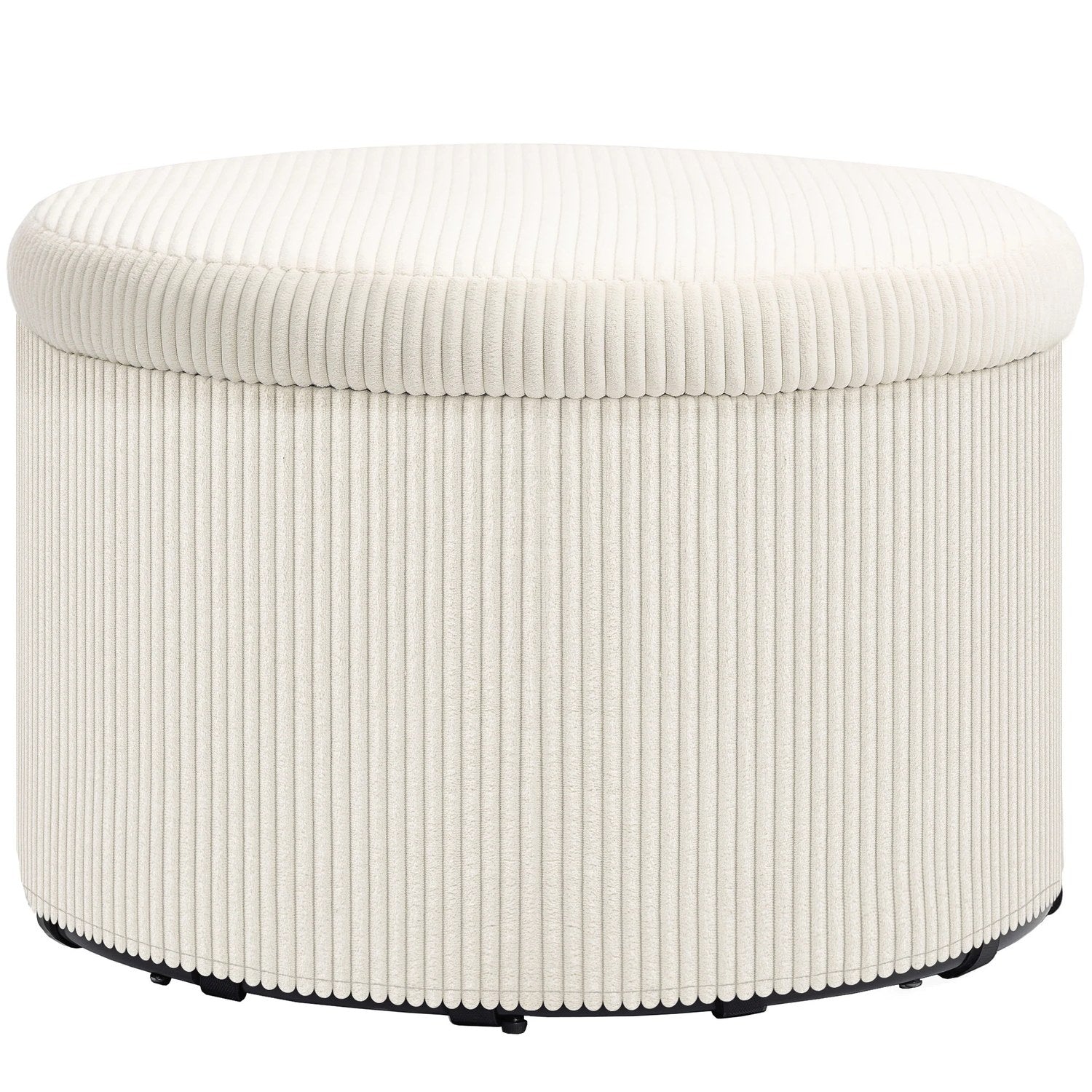 Pouf coffre de rangement rond en velours côtelé beige vu de face