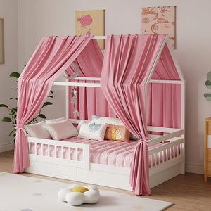 Photo produit du ciel de lit cabane rose drapé avec nœuds sur les montants