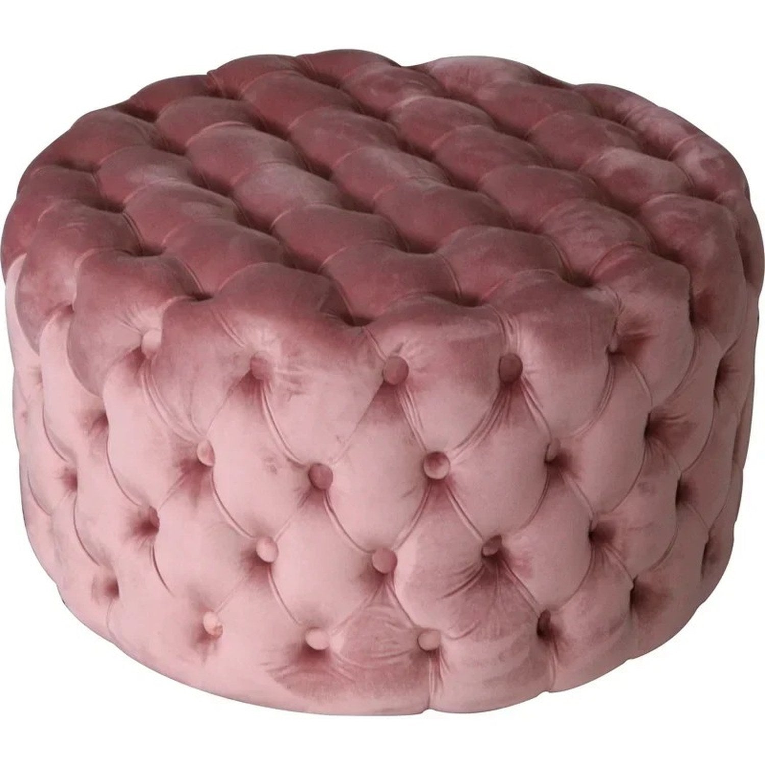 Tabouret pouf rond en velours rose poudré capitonné sur fond neutre