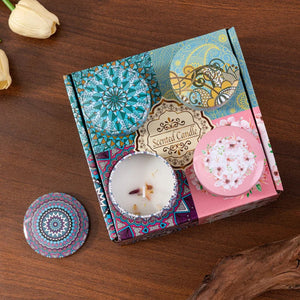 Coffret bougies mandala ouvert montrant bougie allumée aux fleurs séchées