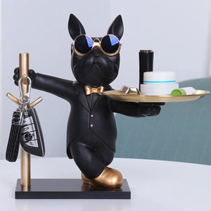 Statue bouledogue français majordome résine noire porte-clés plateau doré