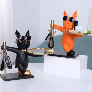 Statue bouledogue majordome noir et orange côte à côte décoration