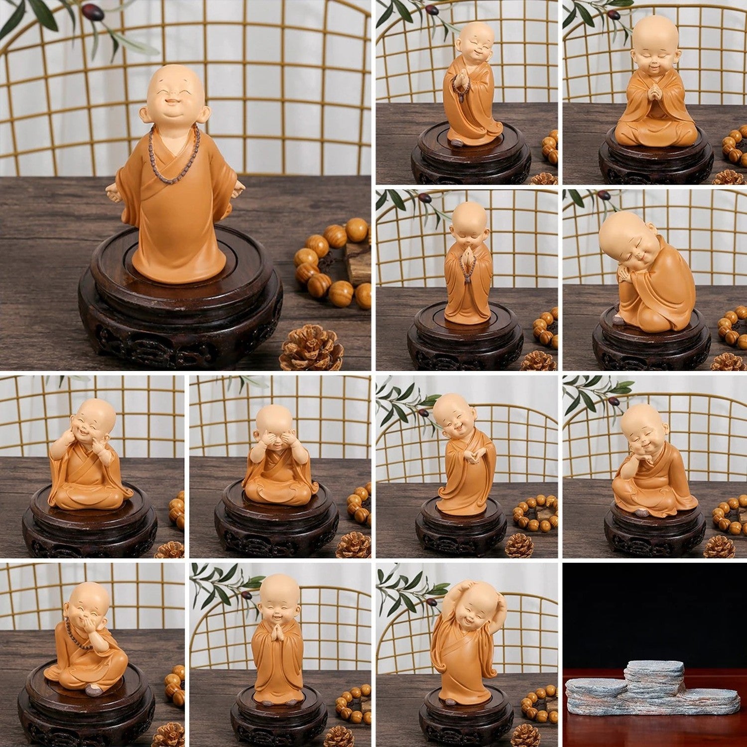 Statuette de petit moine bouddhiste en résine beige dans diverses poses mignonne zen