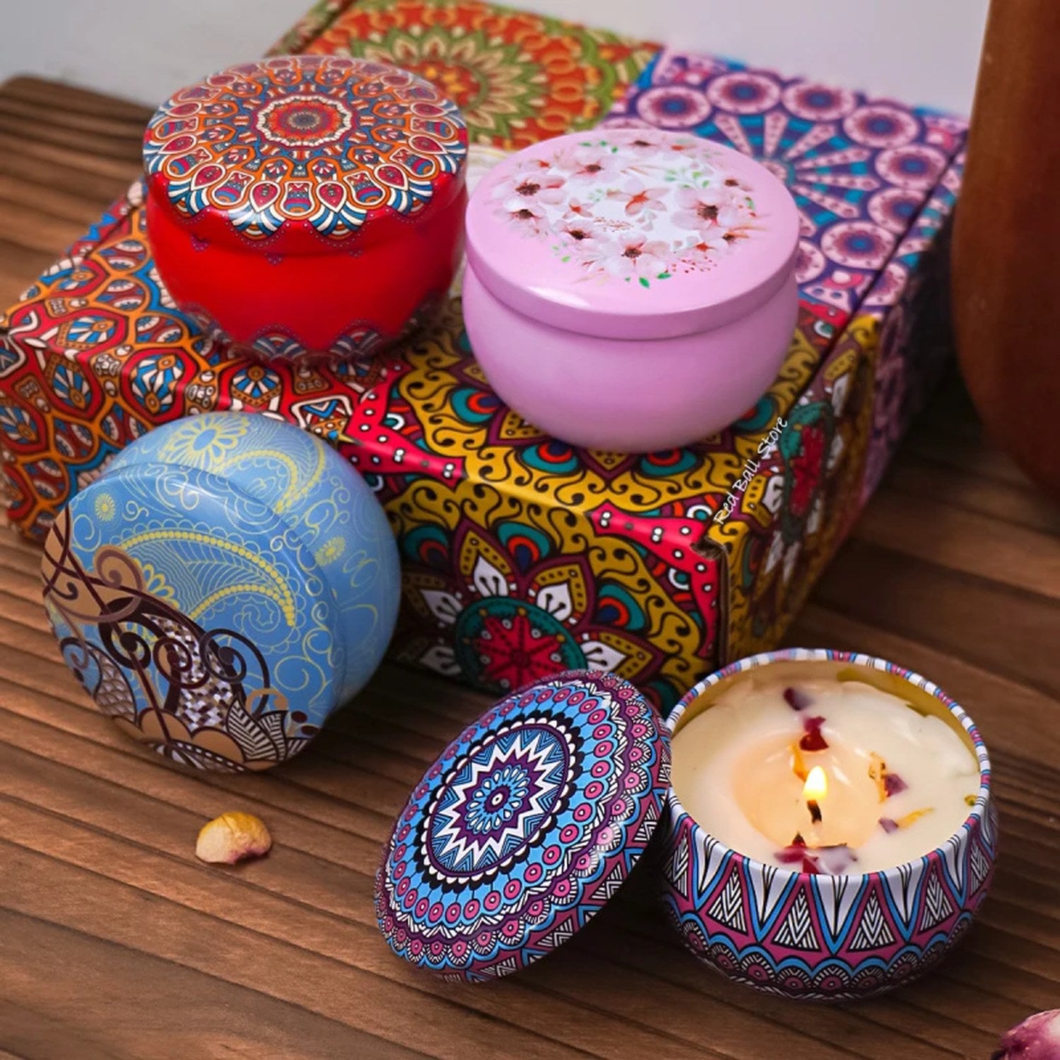 Coffret 4 bougies mandala artisanales sur plateau bois