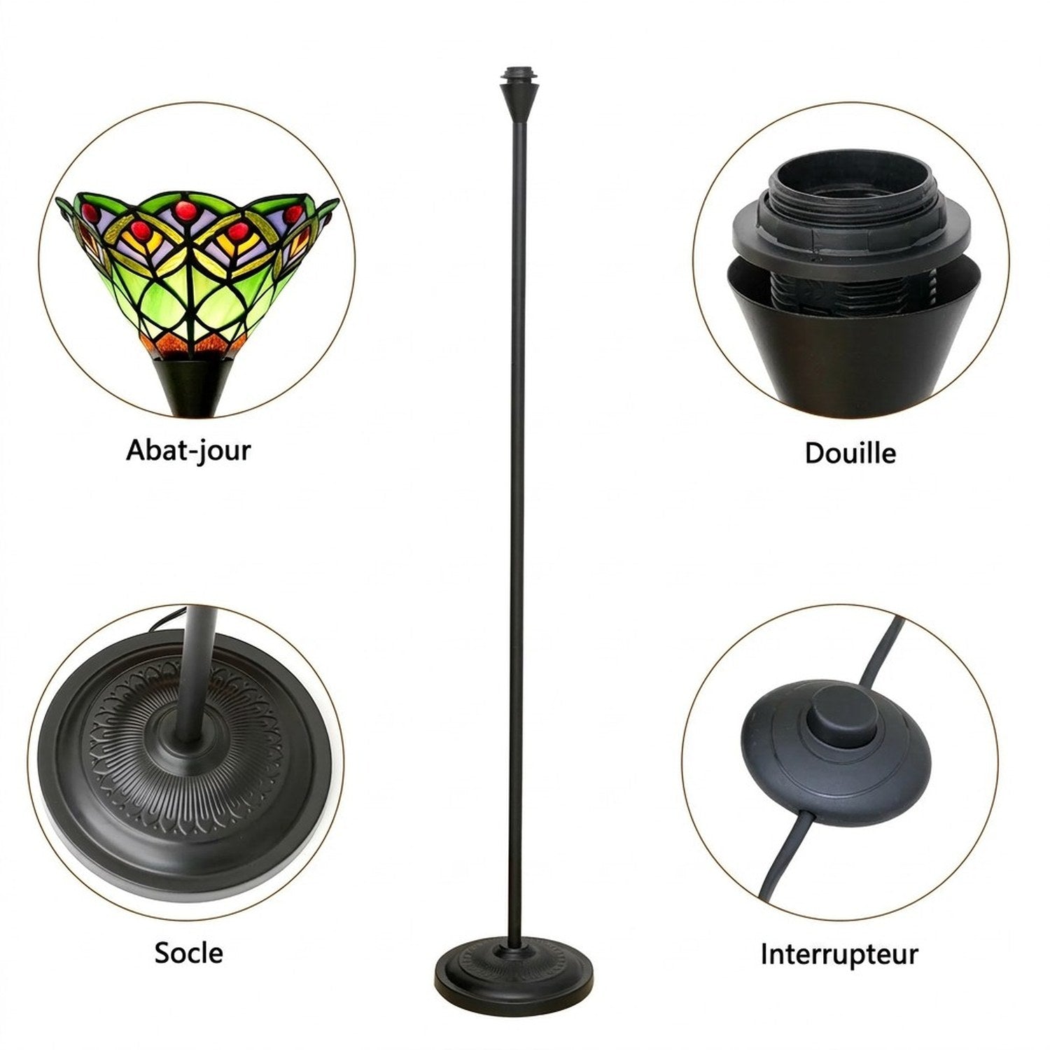Composition des pièces du lampadaire Tiffany : abat-jour vitrail, douille, socle et interrupteur