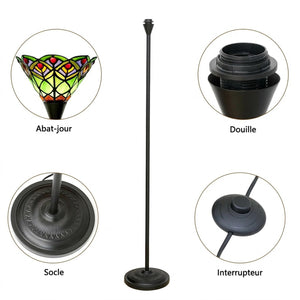 Composition des pièces du lampadaire Tiffany : abat-jour vitrail, douille, socle et interrupteur