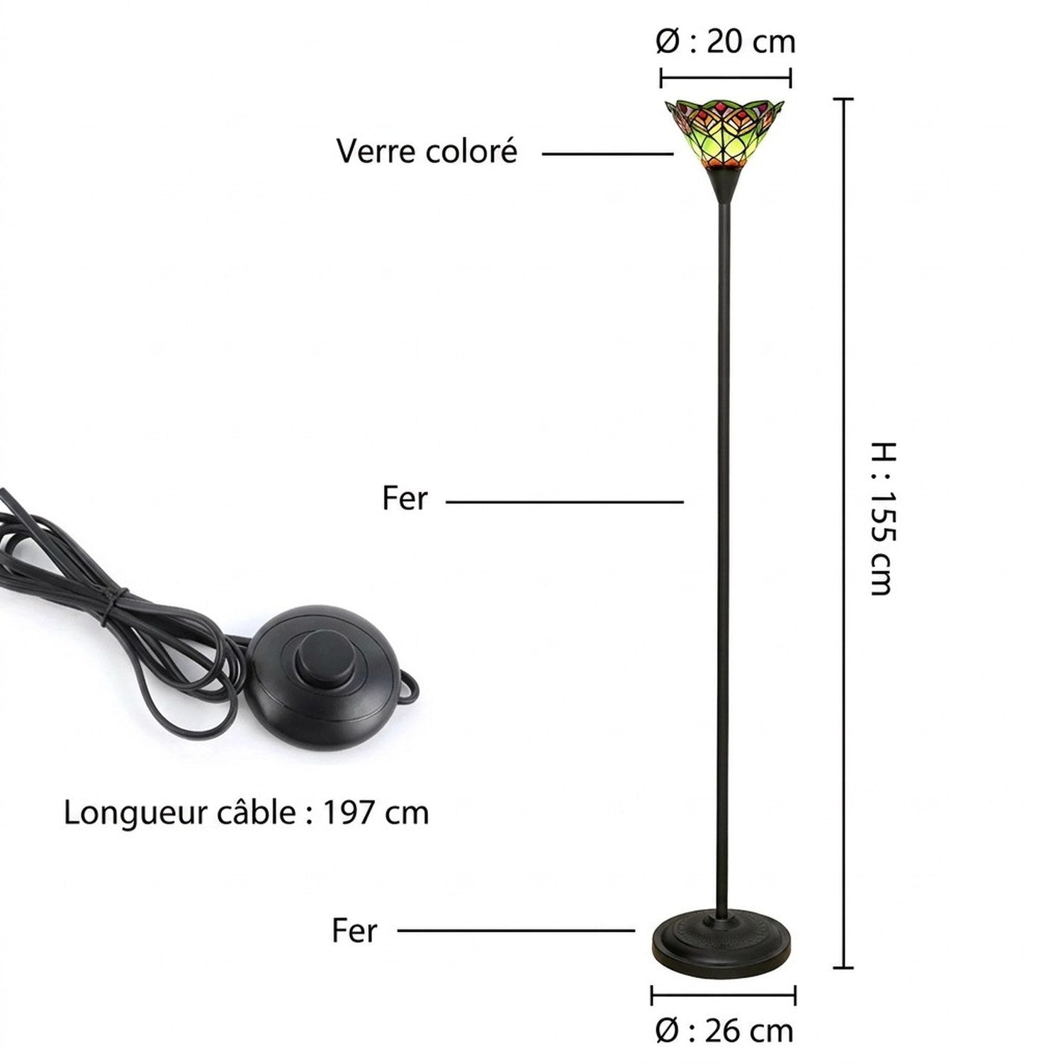 Dimensions du lampadaire Tiffany : hauteur 155 cm, diamètre abat-jour 20 cm, base 26 cm
