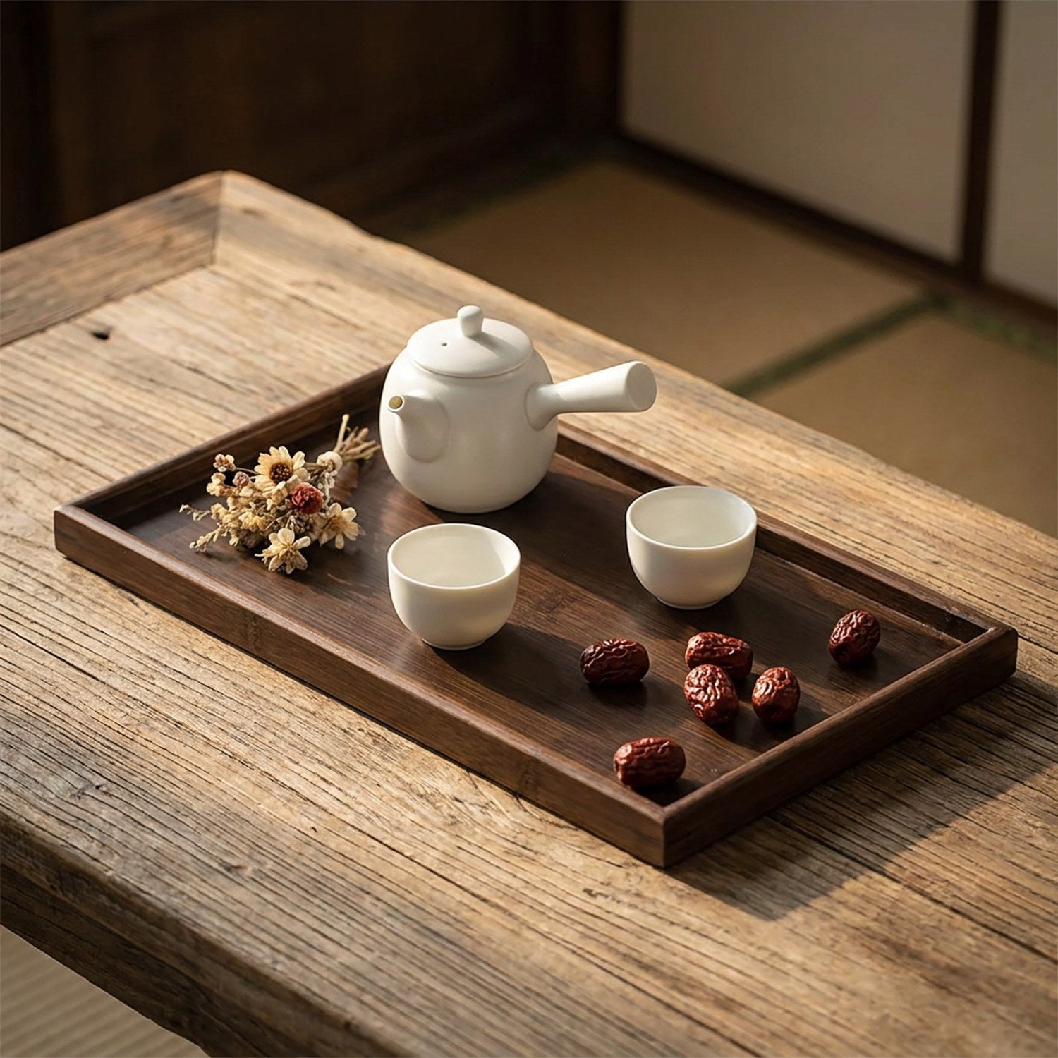 Plateau bambou cérémonie du thé théière et tasses