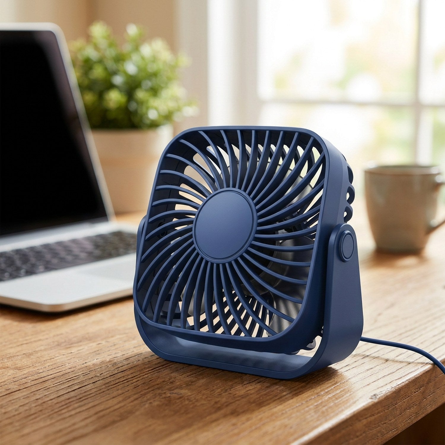 Ventilateur de bureau USB bleu posé sur un bureau