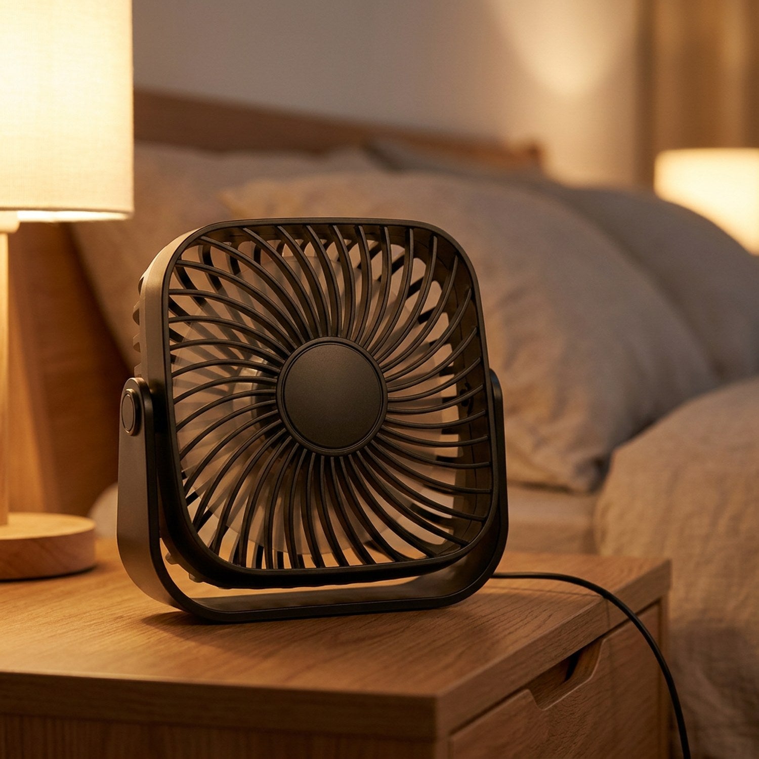 Ventilateur de bureau posé sur une table de chevet dans une chambre avec veilleuse allumée