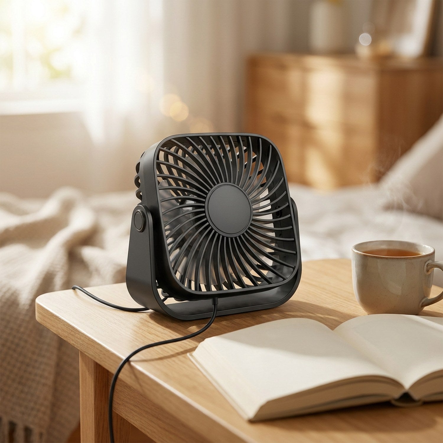 Ventilateur de bureau à côté d'un livre ouvert et d'une tasse dans une lumière matinale