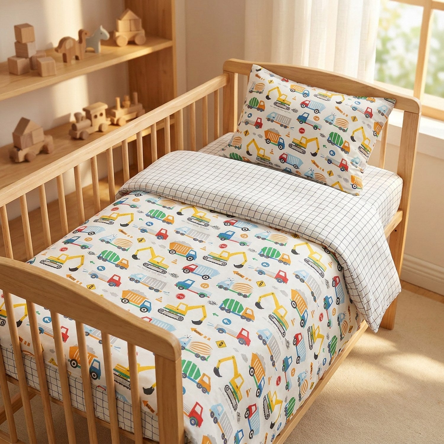 Parure de lit bébé camions de chantier dans une chambre enfant chaleureuse
