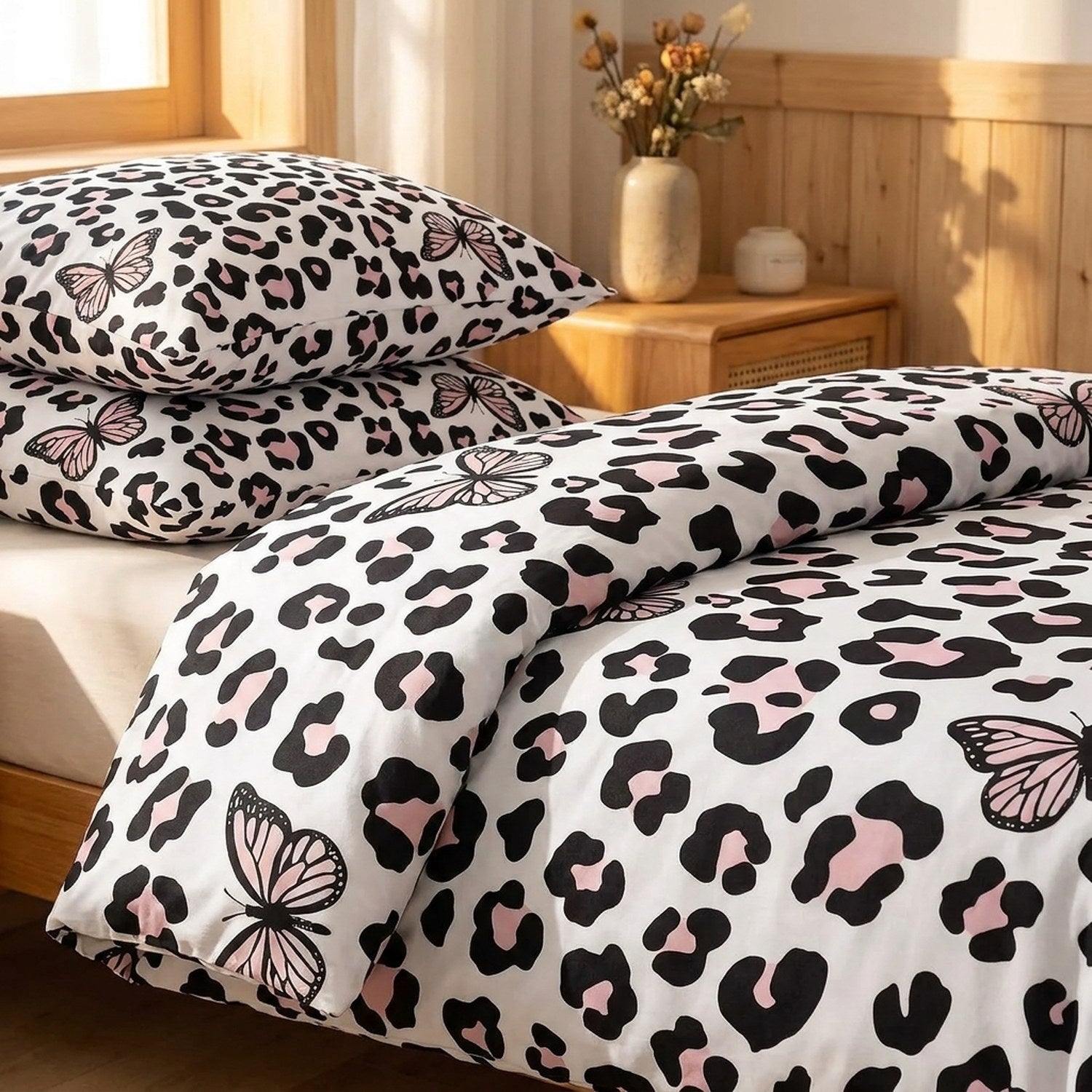 Détail de la housse de couette et des taies assorties léopard