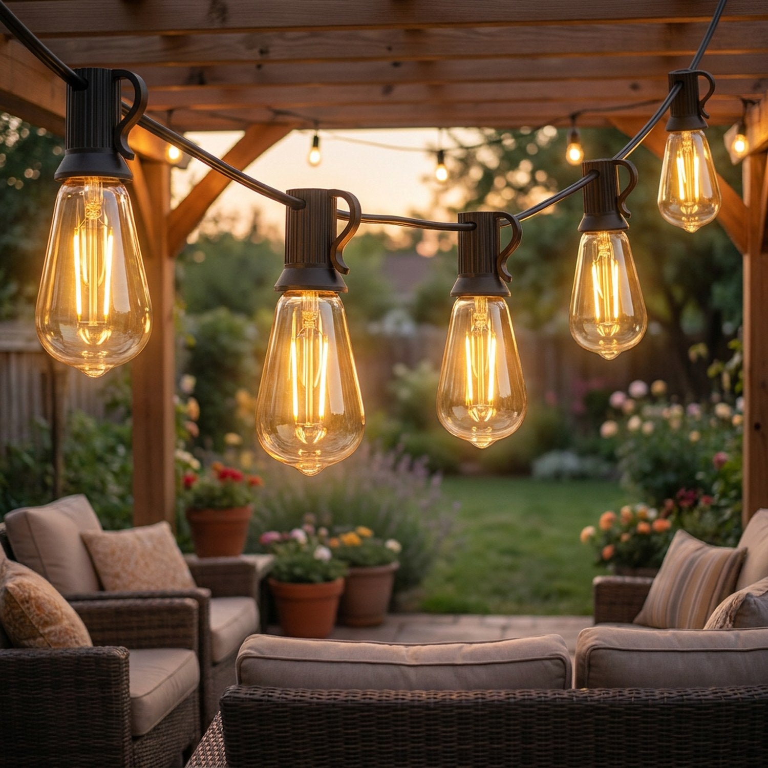 Guirlande lumineuse solaire à ampoules vintage allumée au-dessus d'une terrasse en soirée
