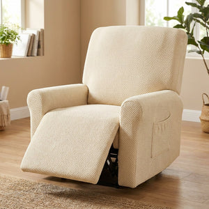 Housse de fauteuil relax beige en jacquard extensible sur un fauteuil inclinable