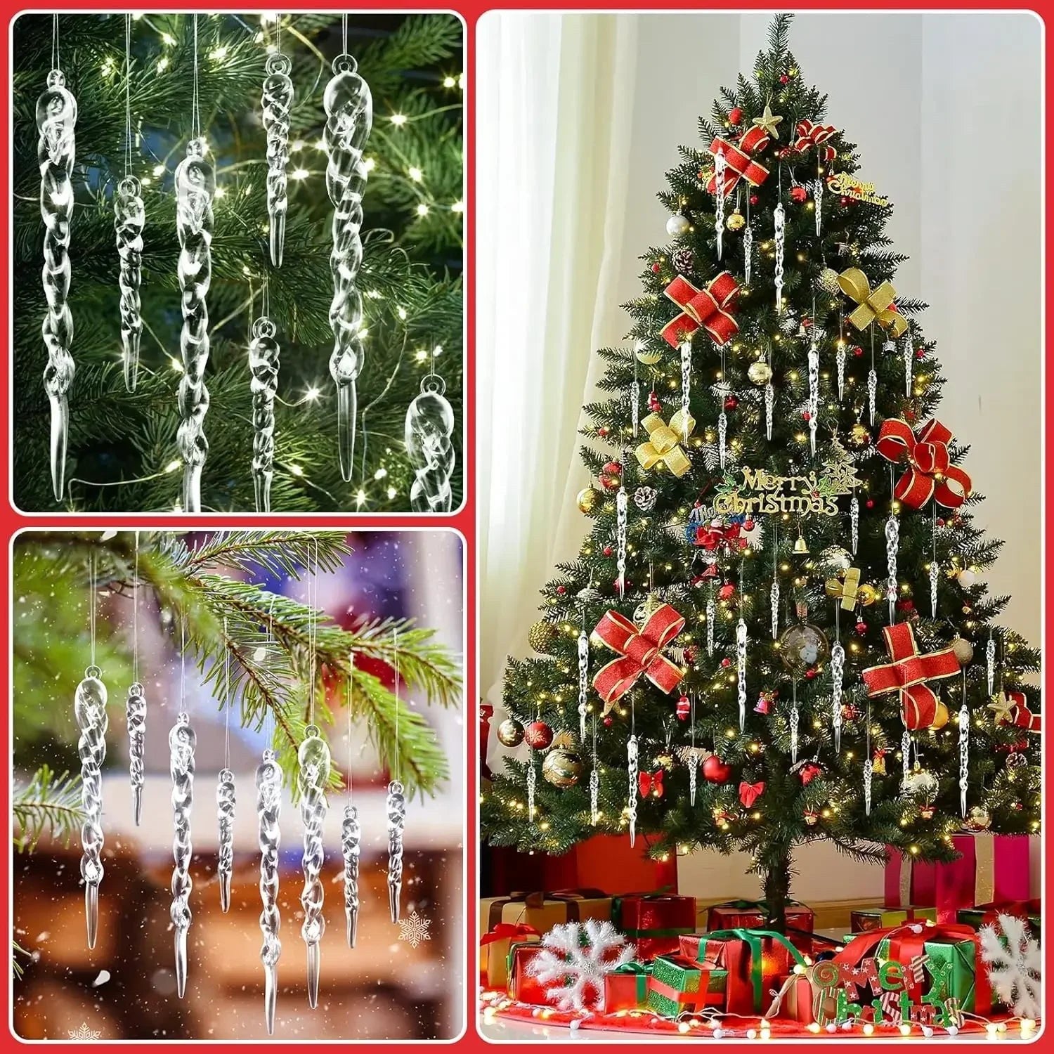 Lot complet de glaçons transparents de Noël disposés sur une surface blanche