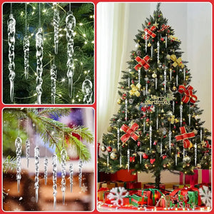 Lot complet de glaçons transparents de Noël disposés sur une surface blanche