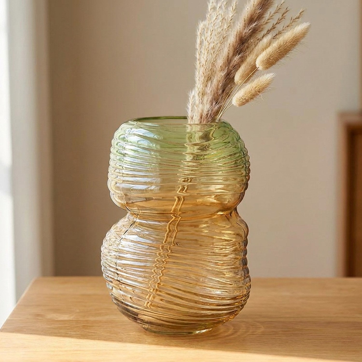 Vase gourde 25cm double renflement en verre dégradé vert ambré