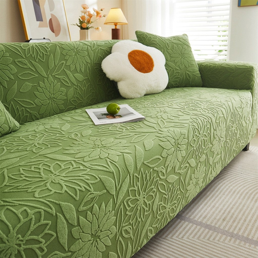 Housse de canapé jacquard verte installée