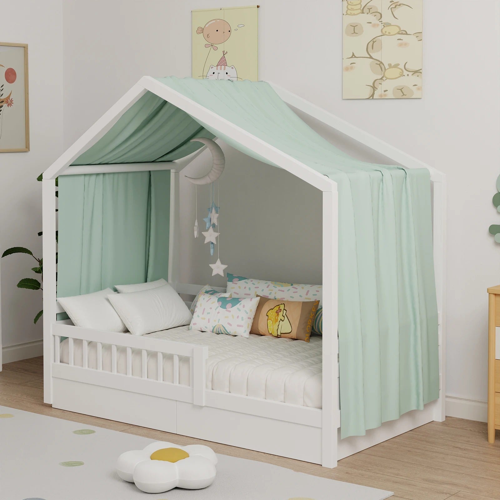 Photo produit du ciel de lit cabane vert sauge vu de face