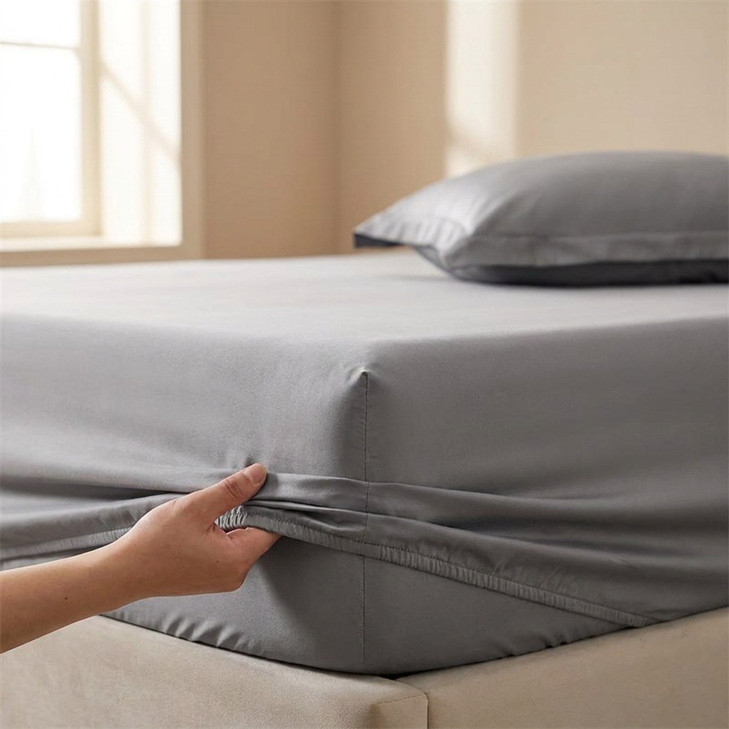 Drap-housse gris en coton égyptien tendu sur le coin d'un lit dans une chambre chaleureuse