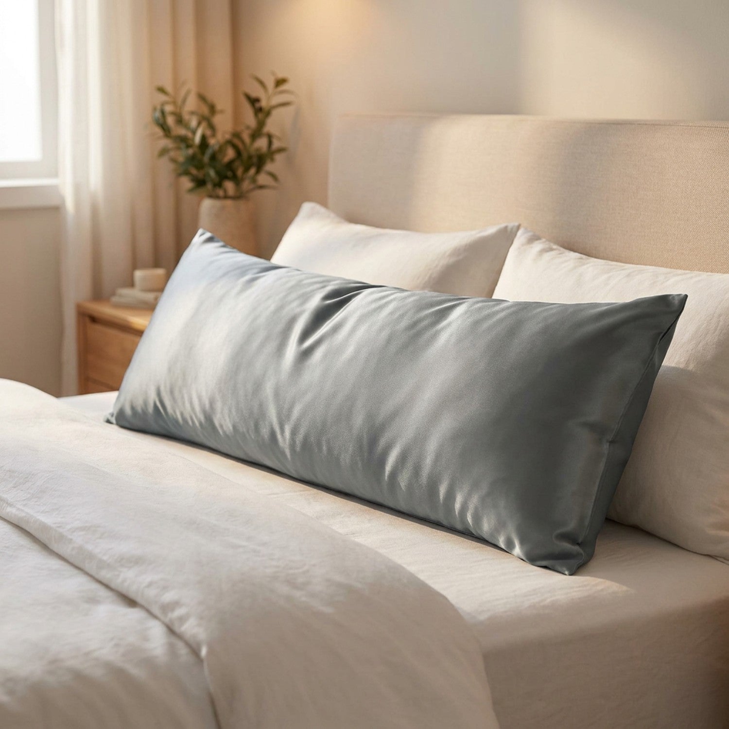 Taie d'oreiller traversin en satin gris sur un lit