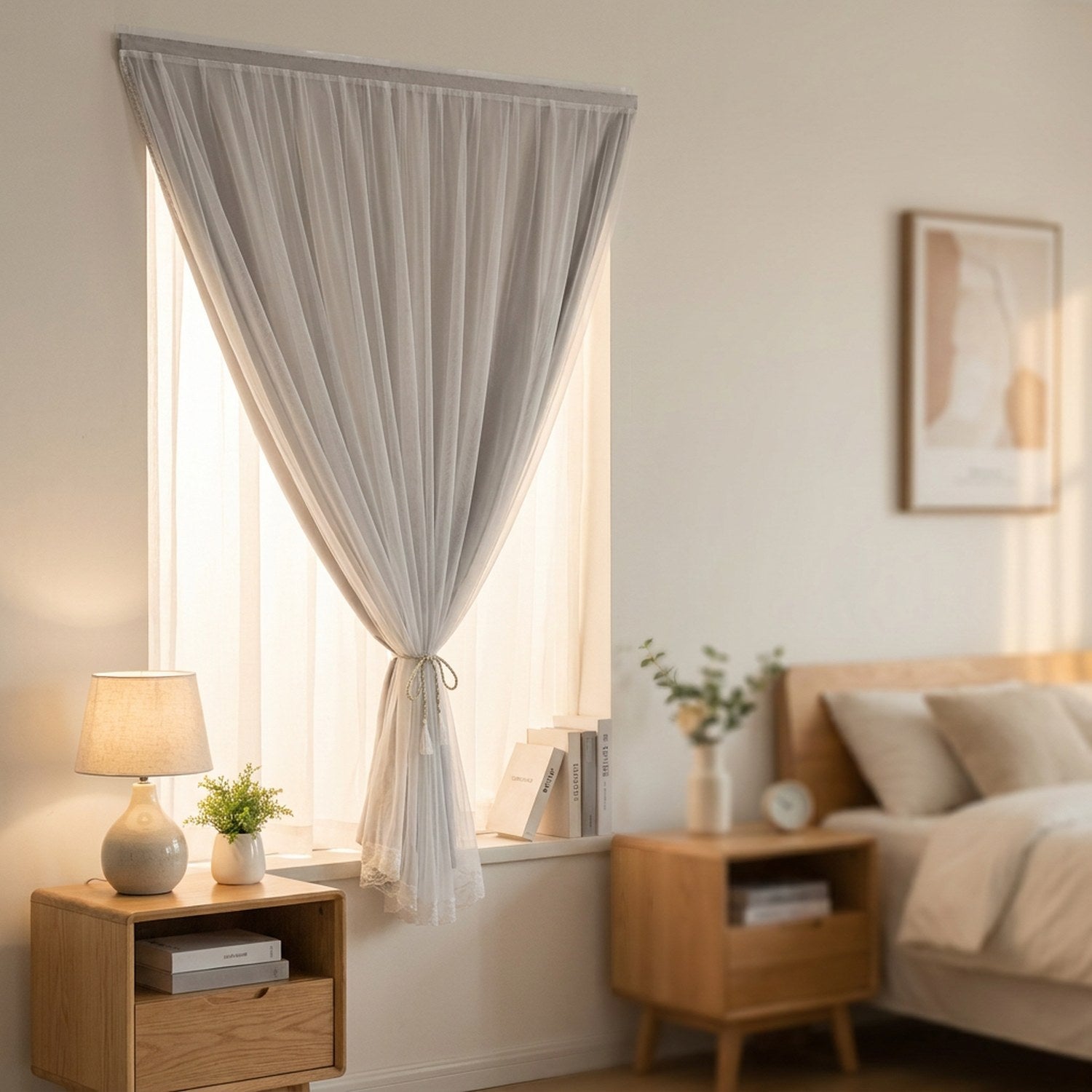 Rideau occultant gris double couche avec voile blanc fixé sans perçage devant une fenêtre lumineuse