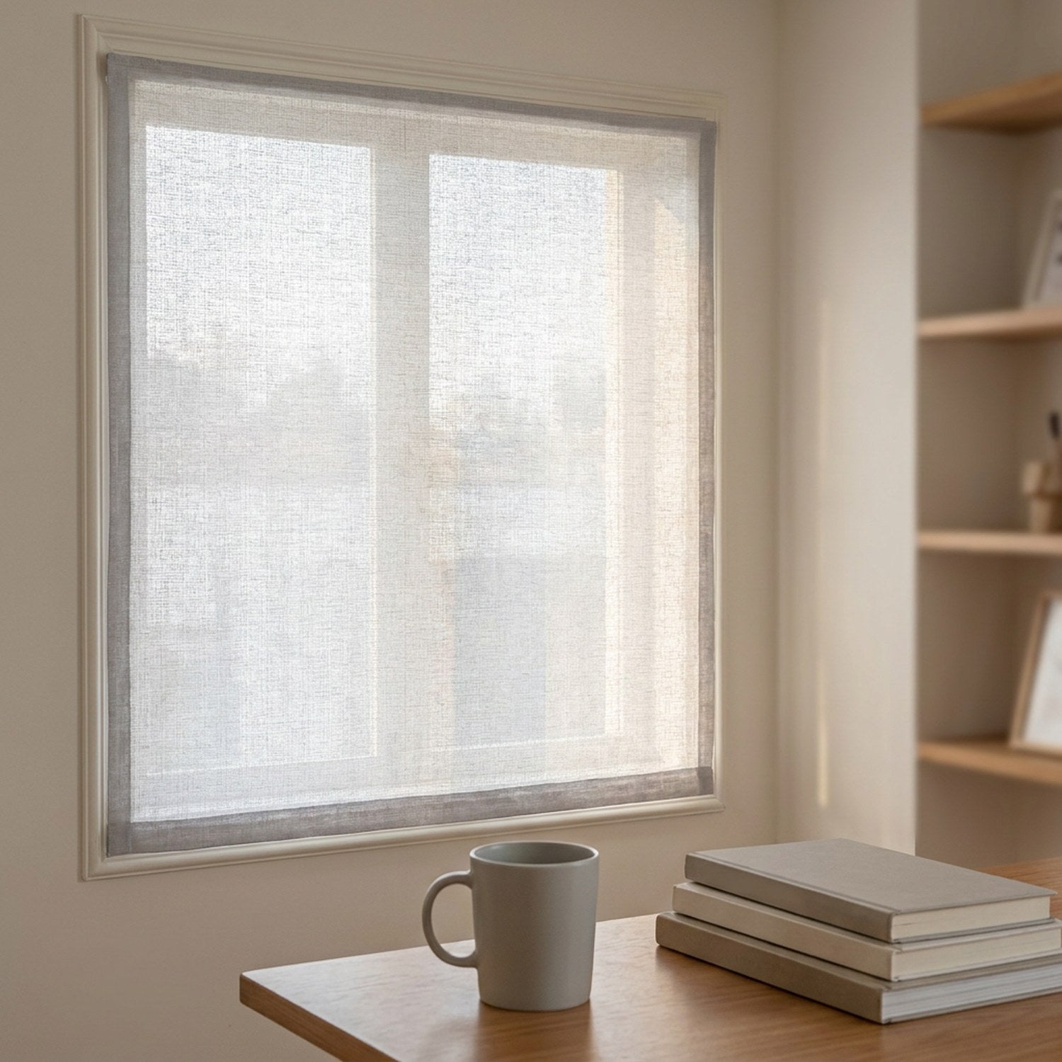 Voilage aspect lin gris tamisant sans perçage sur une fenêtre de bureau