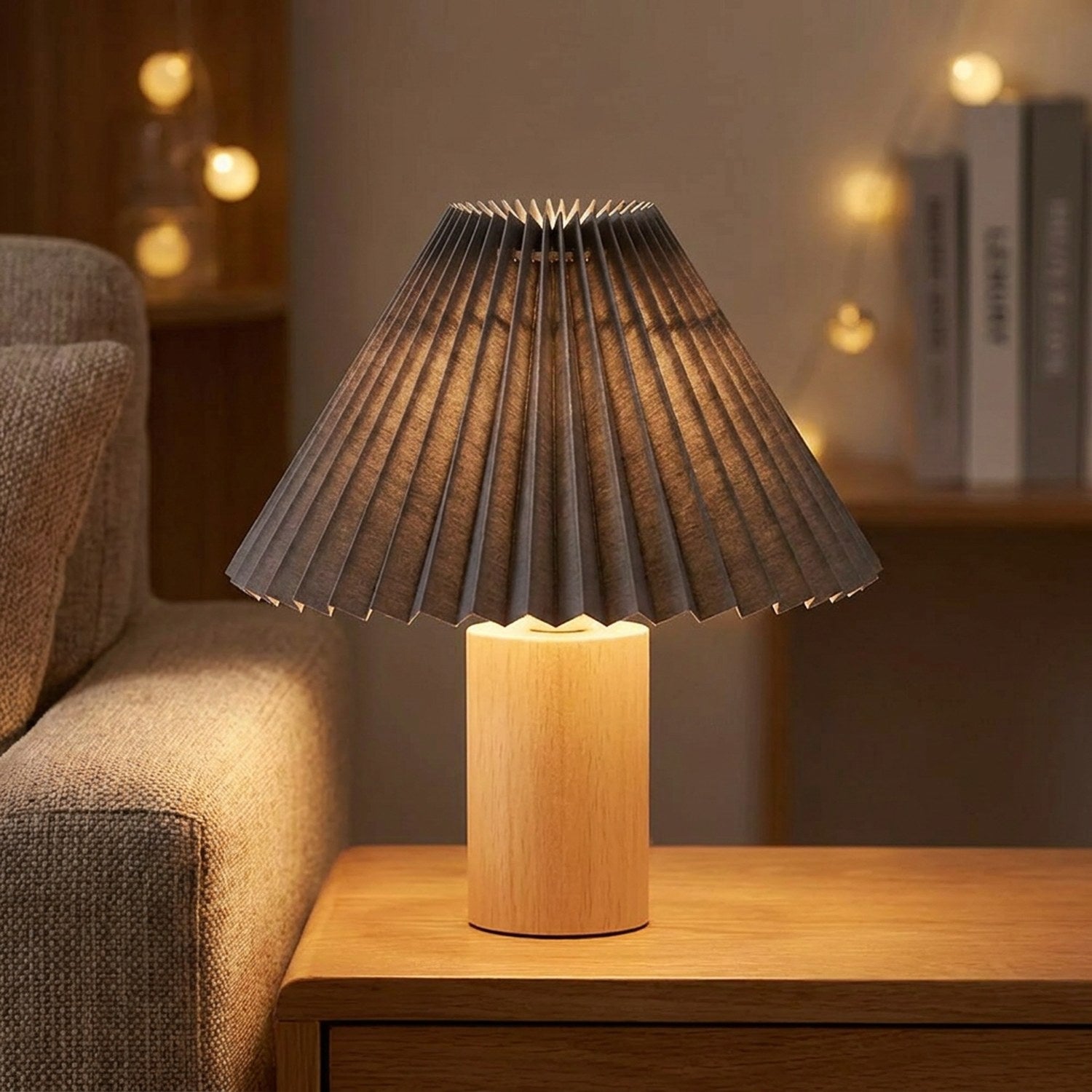 Abat-jour plissé gris anthracite en tissu sur pied en bois